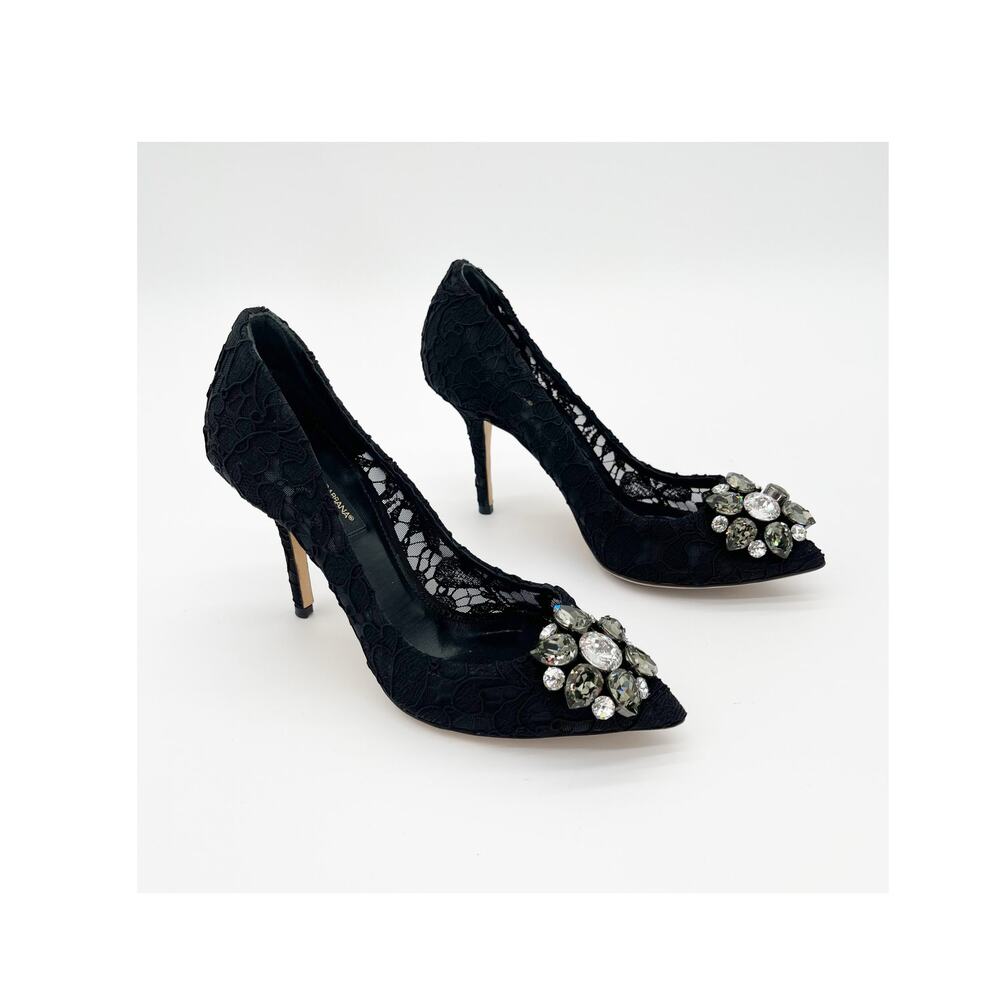 Dolce & Gabbana Bellucci Black Lace Crystal Brooch Pointed Toe Pumps Heels IT 36
